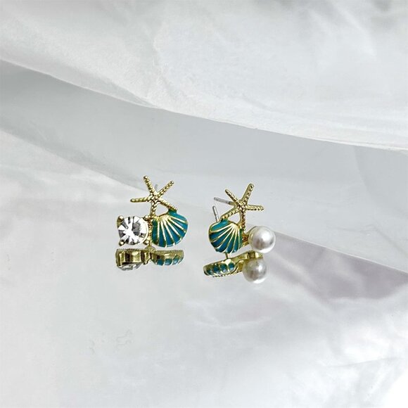Colorful Starfish Shell Pearl Stud Earrings for Women Boho Summer Beach Jewelry - Picture 2 of 3